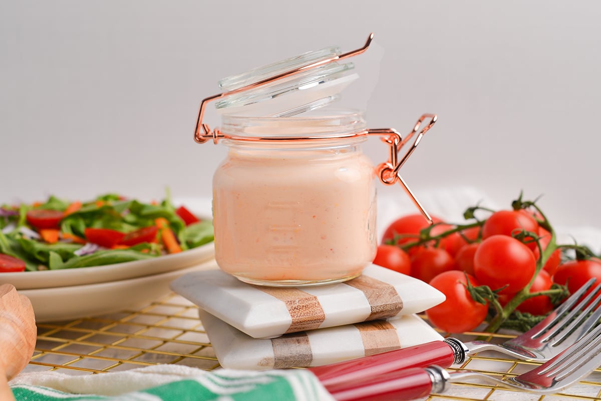 straight on shot of creamy dressing in jar
