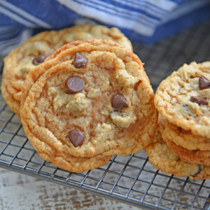 angled shot of flourless peanut butter cookies on cooling rack