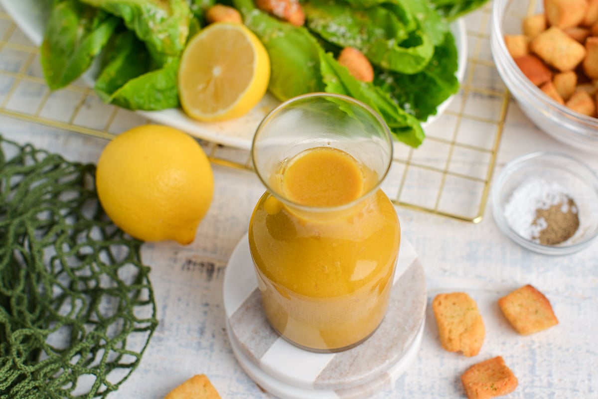 overhead angle view of garlic salad dressing recipe