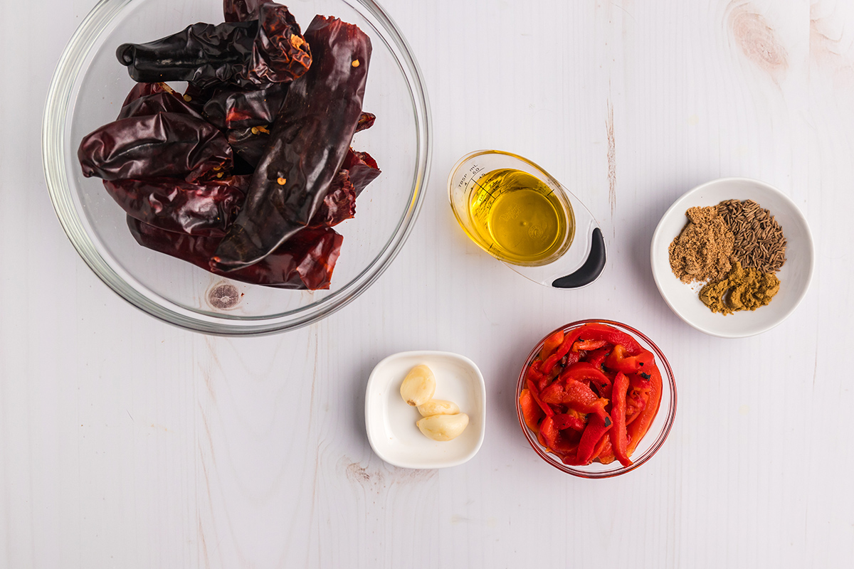 overhead shot of harissa sauce ingredients