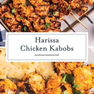 collage of harissa chicken kabobs