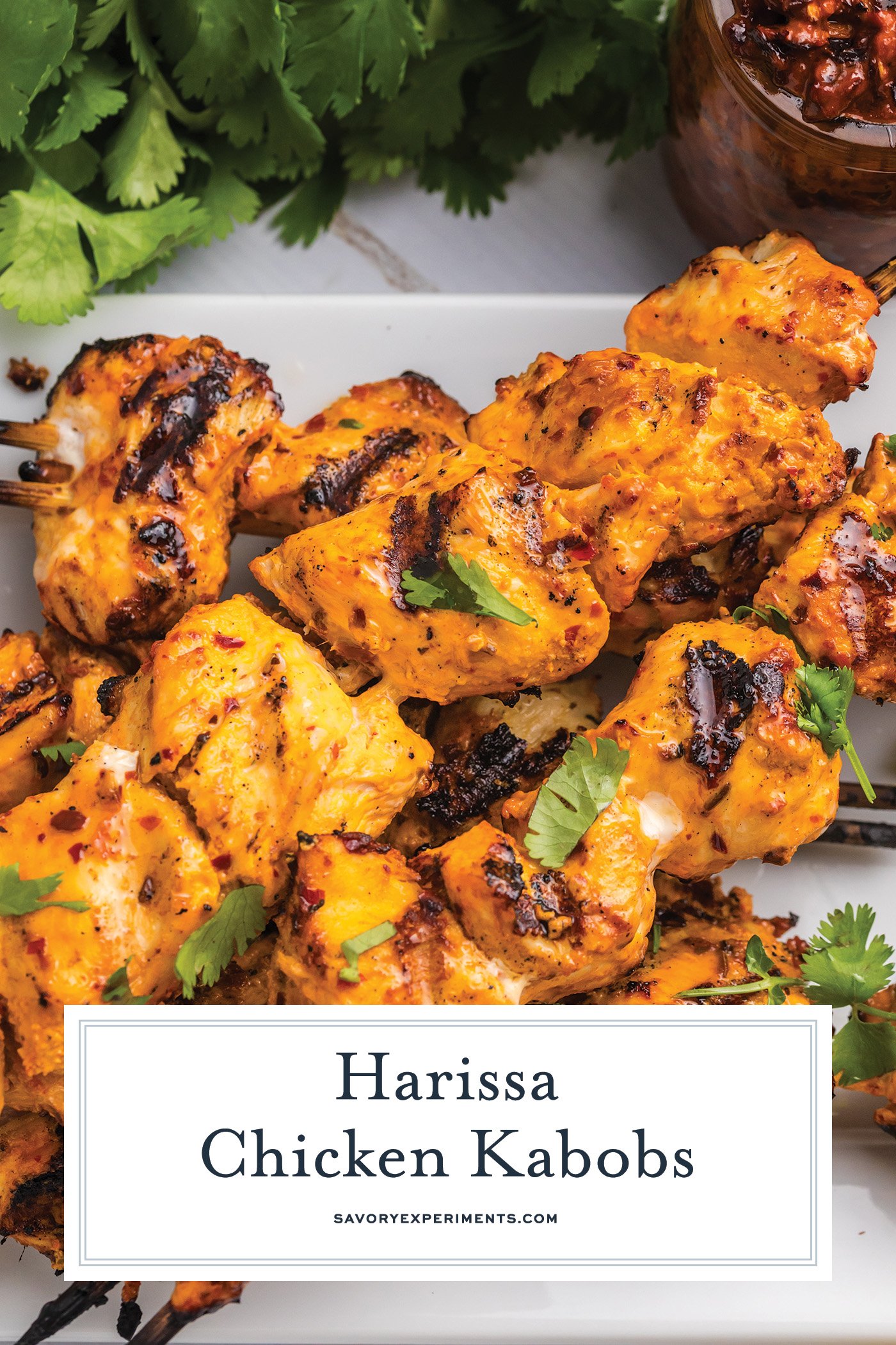 overhead shot of harissa chicken kabobs with text overlay