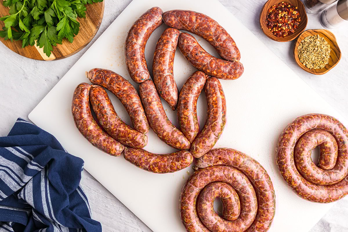 overhead shot of links of homemade italian sausage