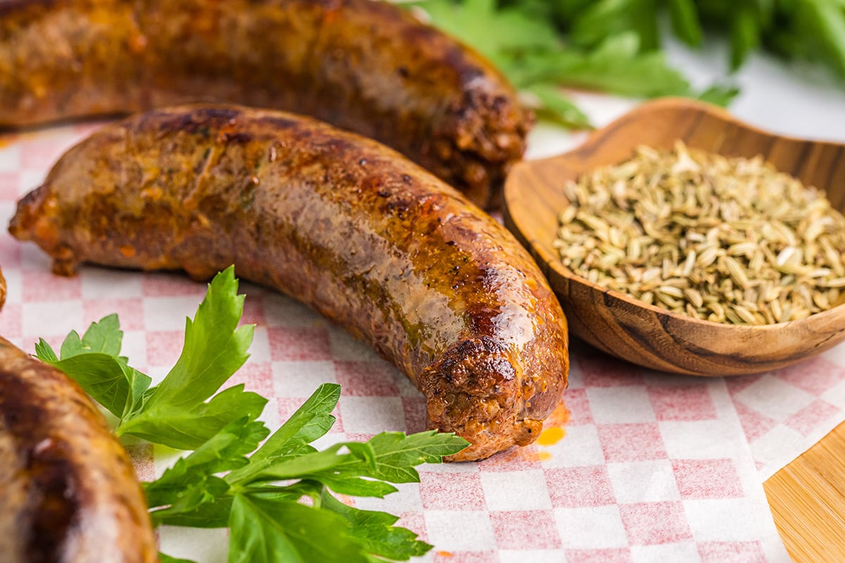 close up angled shot of homemade italian sausage links