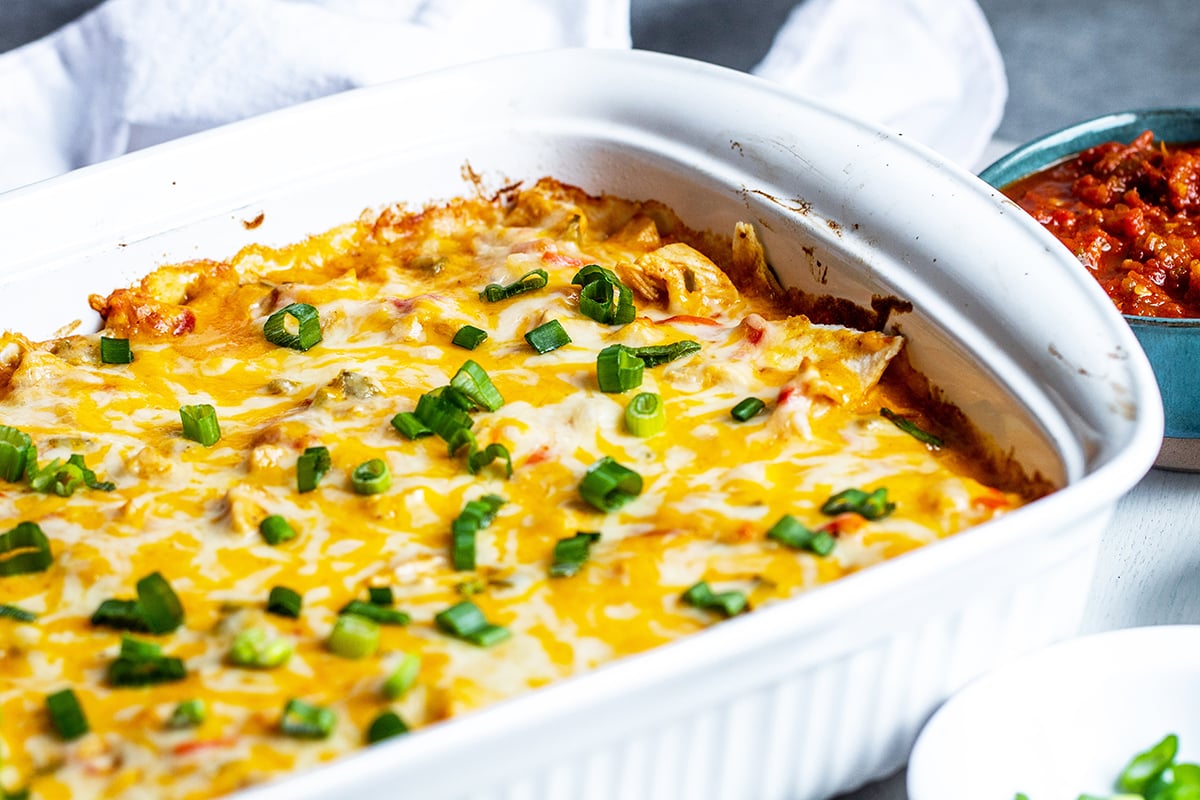 angled shot king ranch chicken casserole in baking dish