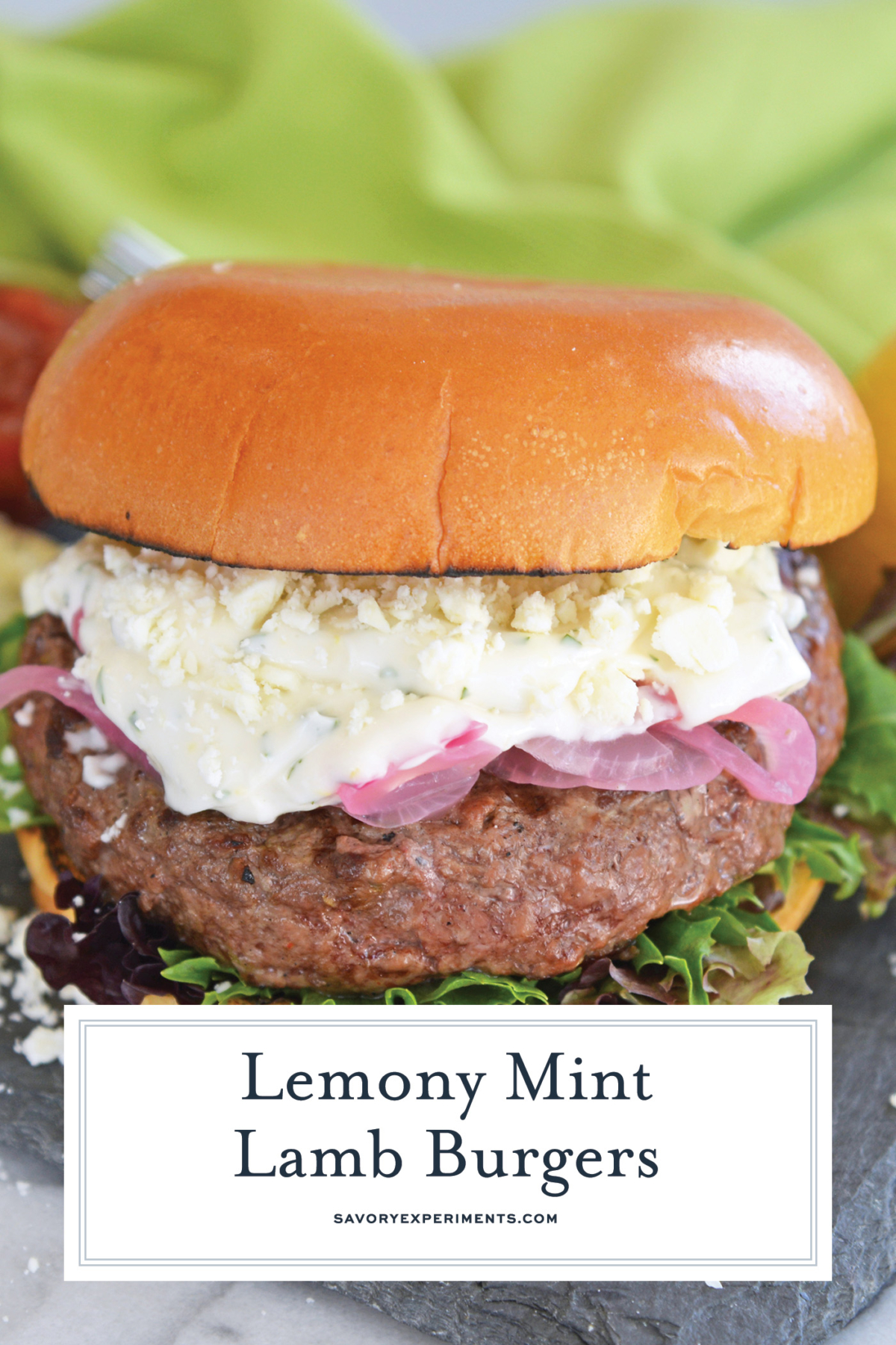 lamb burger with text overlay
