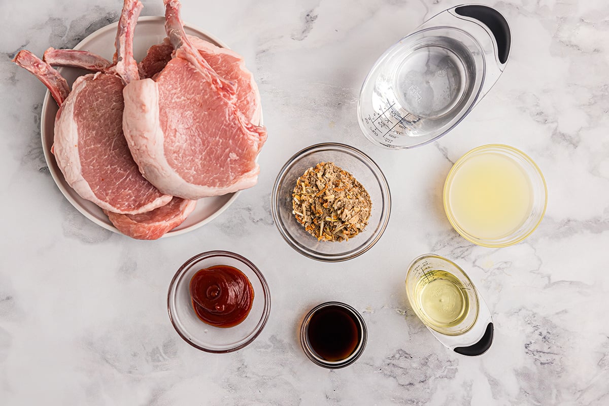 overhead shot of grilled pork chops ingredients