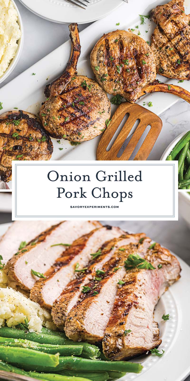 collage of onion grilled pork chops