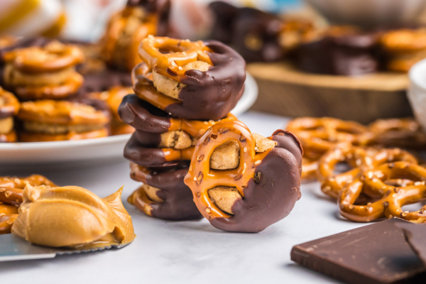straight on shot of stack of peanut butter pretzel bites