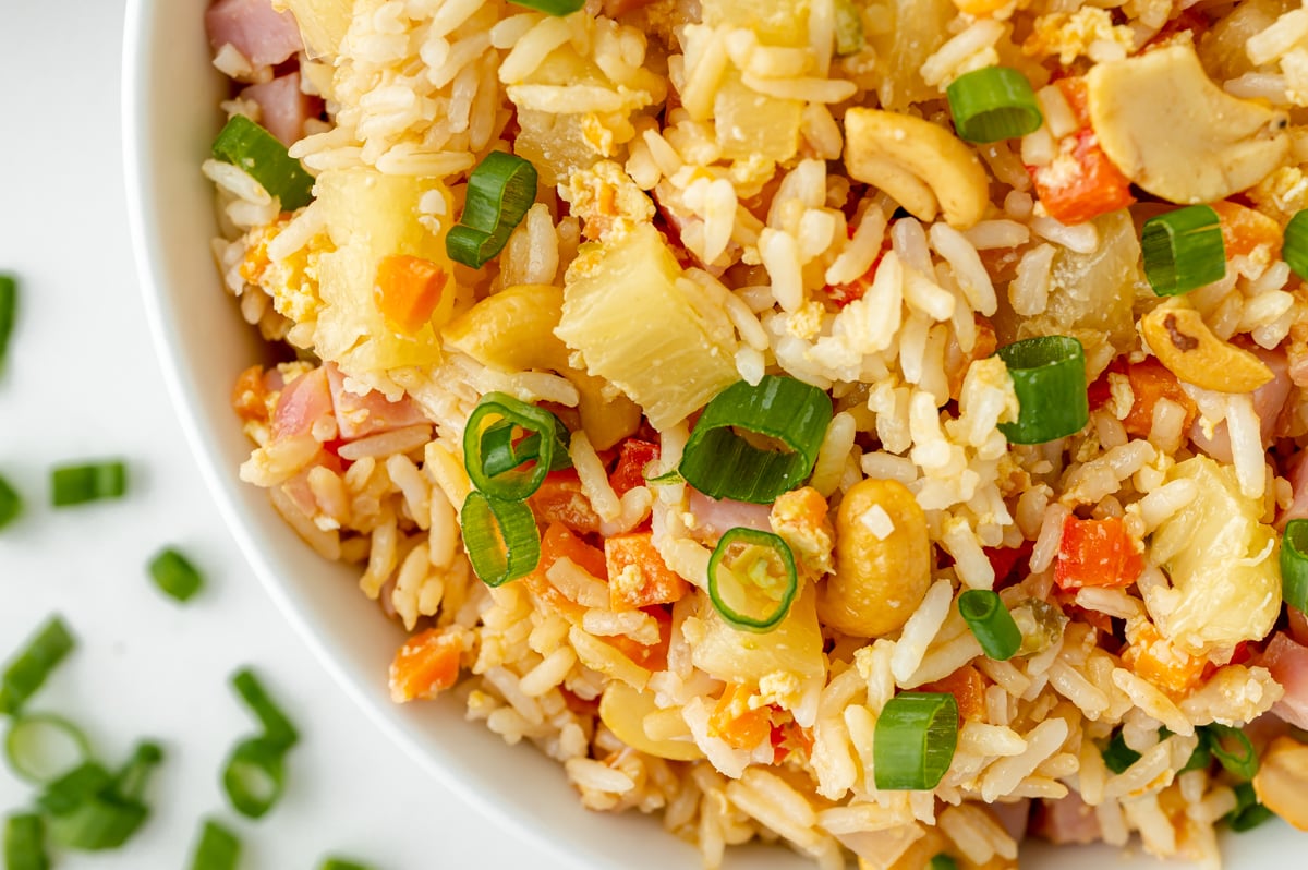 close up overhead shot of bowl of pineapple fried rice