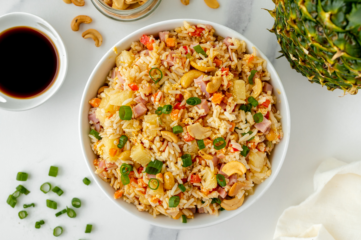 overhead shot of bowl of pineapple fried rice