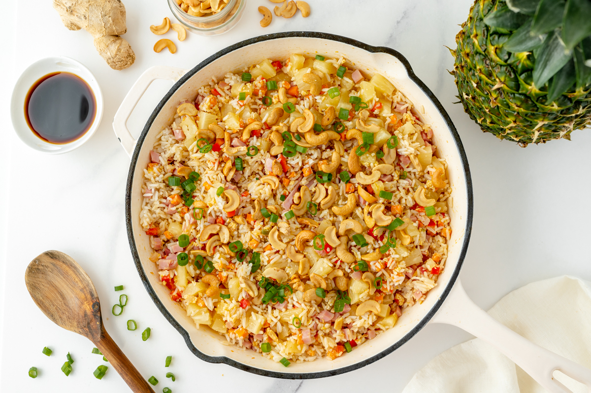 overhead shot of skillet of pineapple fried rice