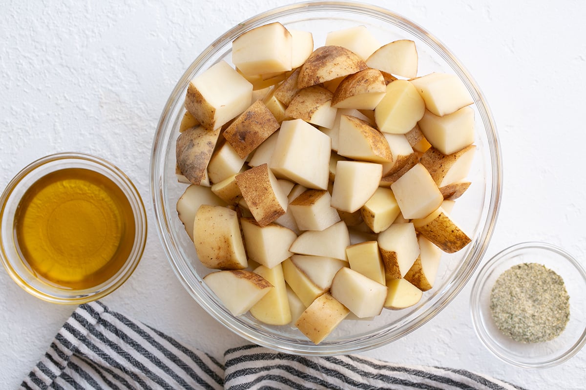 overhead shot of ranch potatoes ingredients