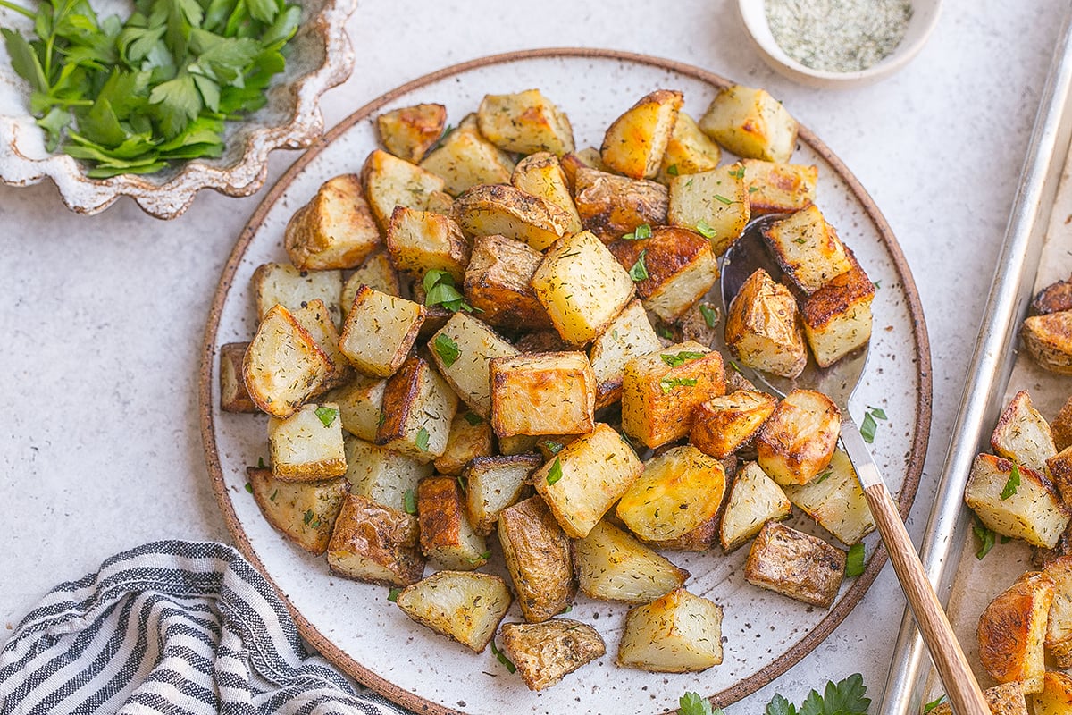 overhead shot of plate of ranch roasted potatoes