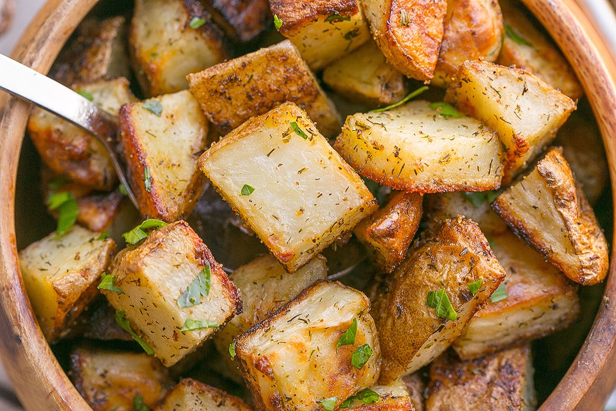 close up overhead shot of bowl of ranch potatoes