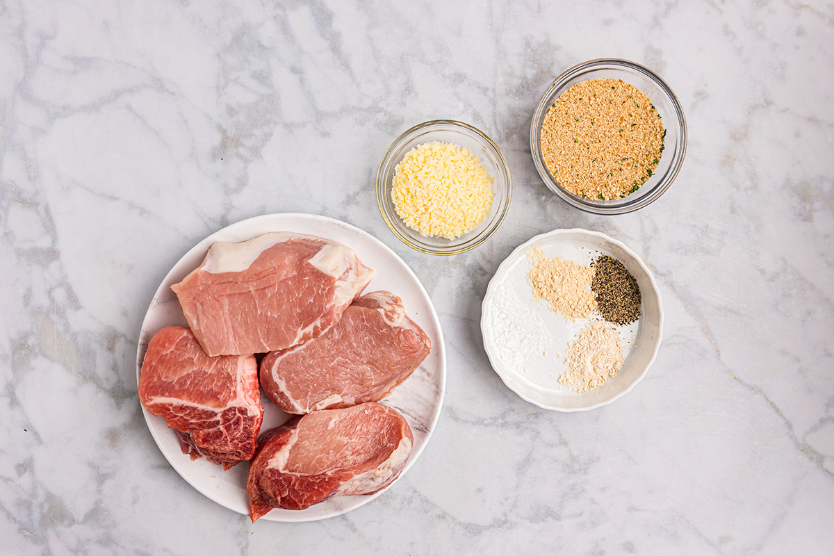 overhead shot of shake n bake pork chop ingredients