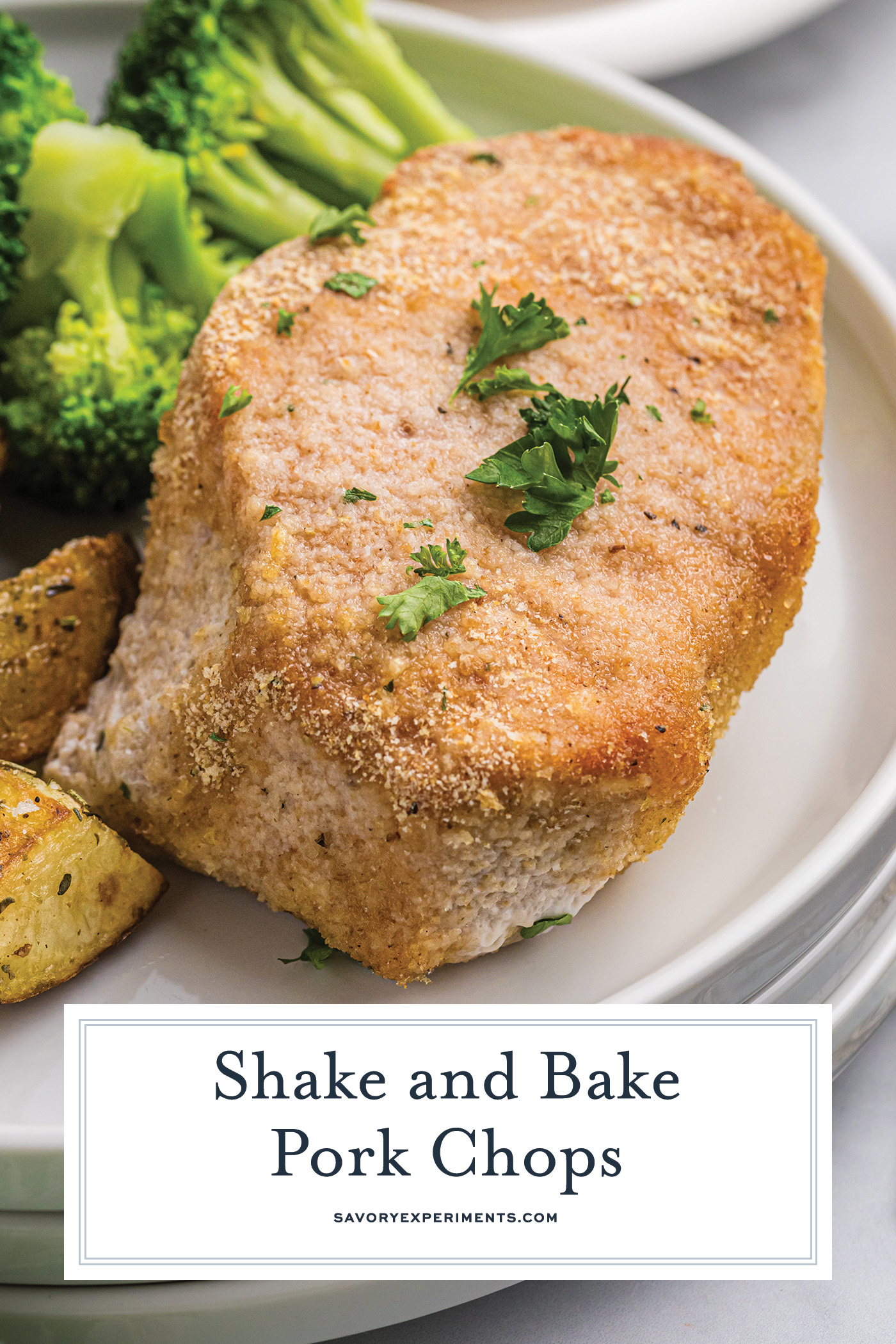 angled shot of shake n bake pork chop with text overlay
