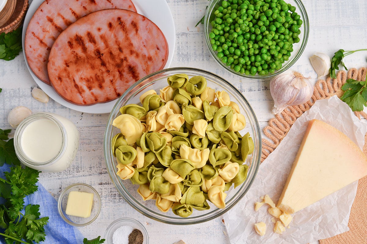 overhead shot of tortellini alfredo ingredients