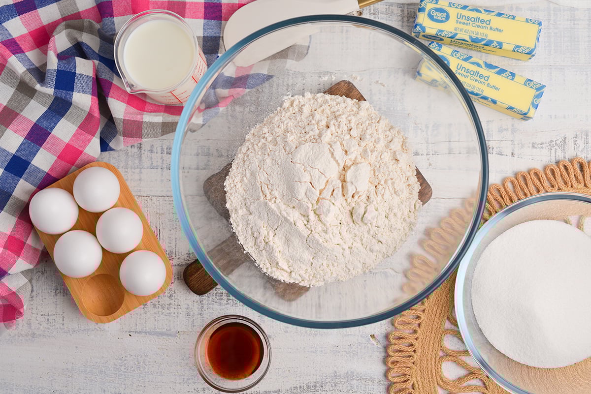 overhead shot of vanilla pound cake ingredients