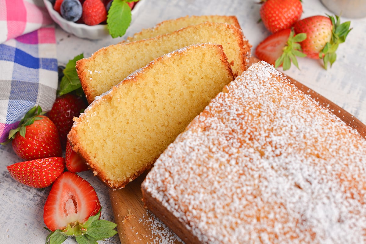 angled shot of sliced vanilla pound cake