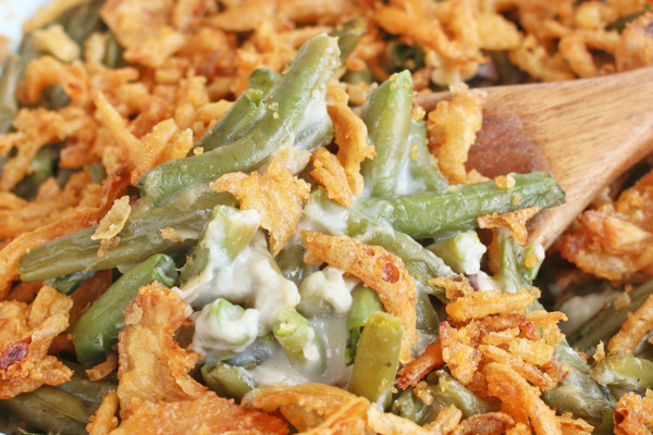 A close up of green bean casserole