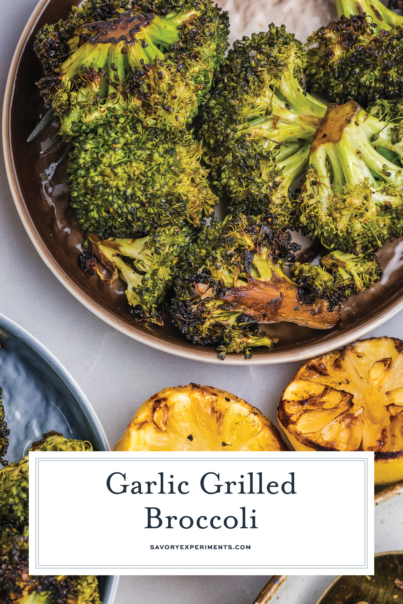 overhead shot of plate of grilled broccoli with text overlay