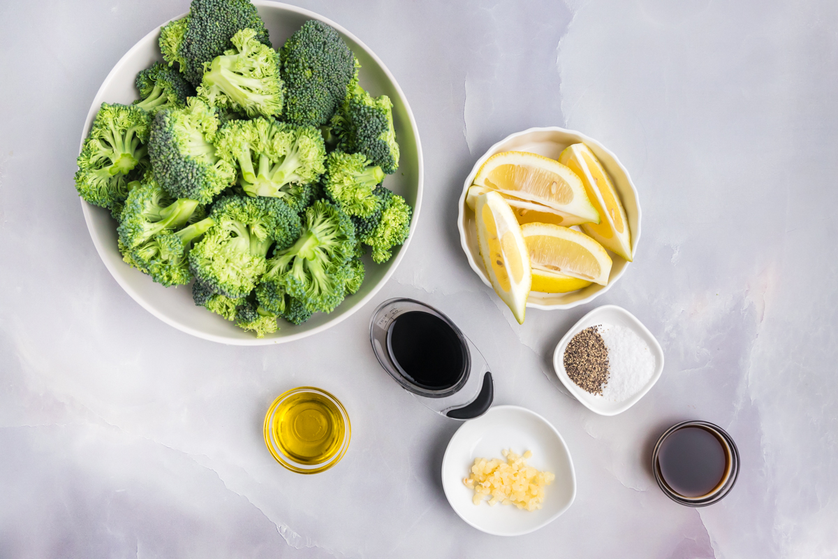 overhead shot of grilled broccoli ingredients