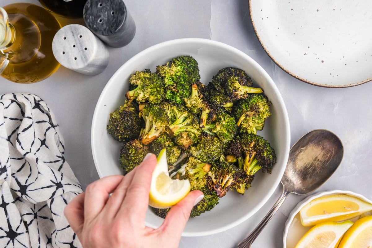 lemon squeezed over grilled broccoli