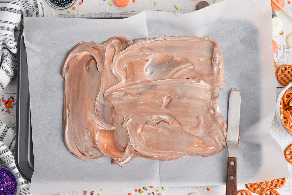 melted chocolate spread onto sheet pan