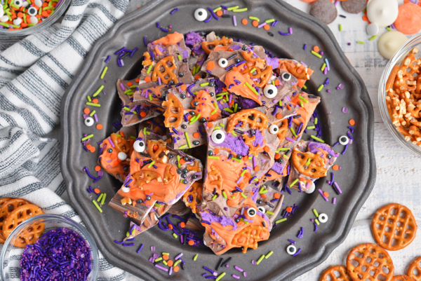overhead shot of halloween bark on plate