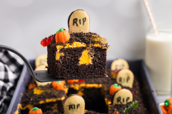 straight on shot of slice of graveyard cake on spatula