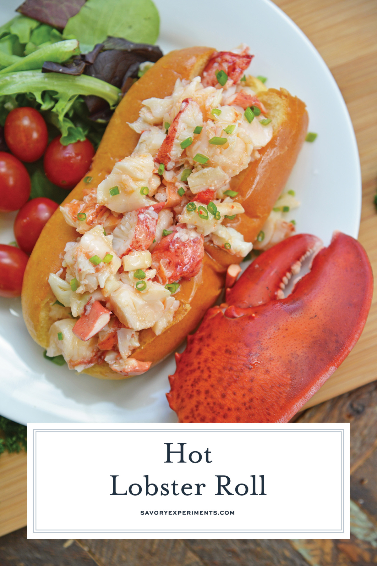 close up of hot lobster roll with text overlay for pinterest