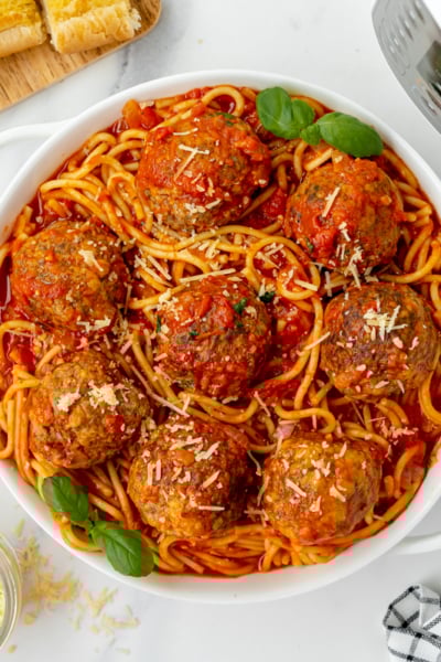 overhead shot of bowl of instant pot spaghetti and meatballs