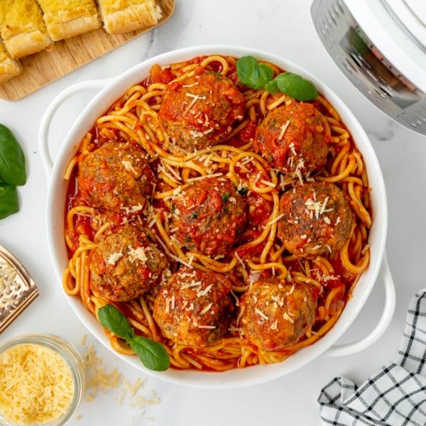 overhead shot of bowl of instant pot spaghetti and meatballs