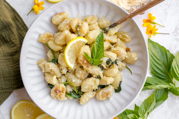 overhead shot of plate of creamy gnocchi