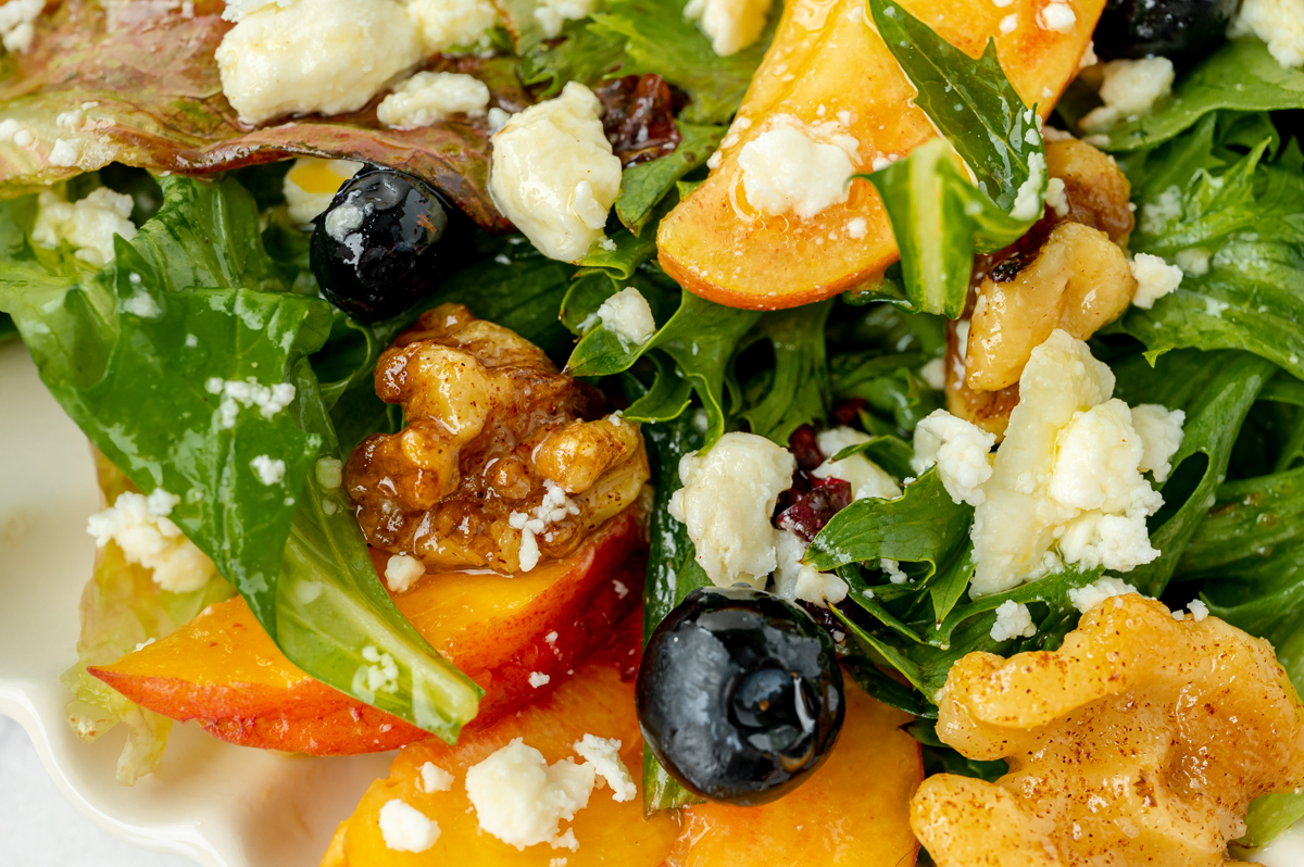 close up overhead shot of peach salad