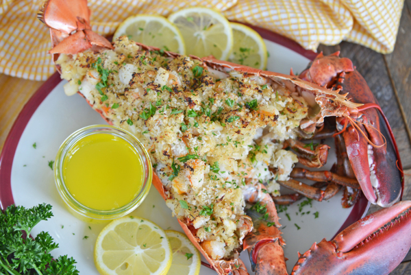 whole baked stuffed lobster with butter