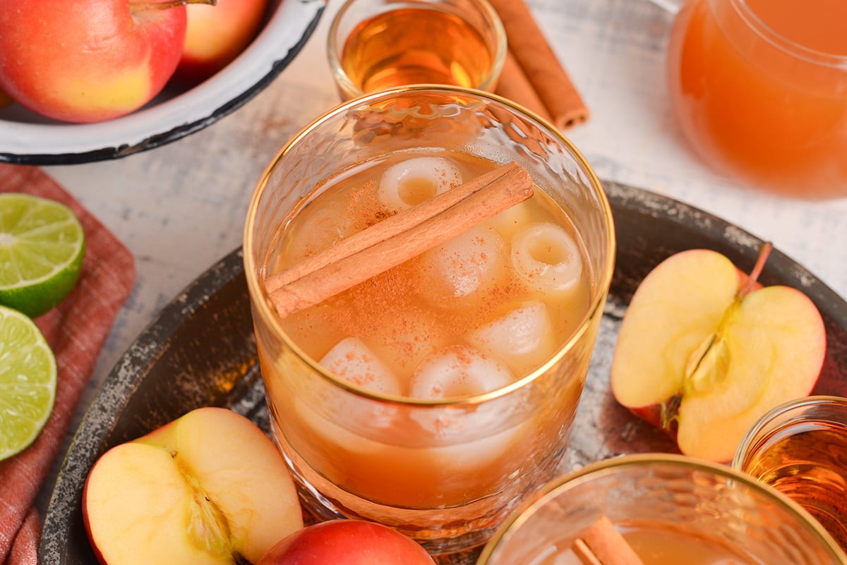 close up angled shot of apple cider whiskey cocktail