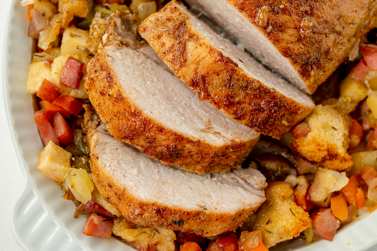 overhead shot of sliced apple spiced pork tenderloin