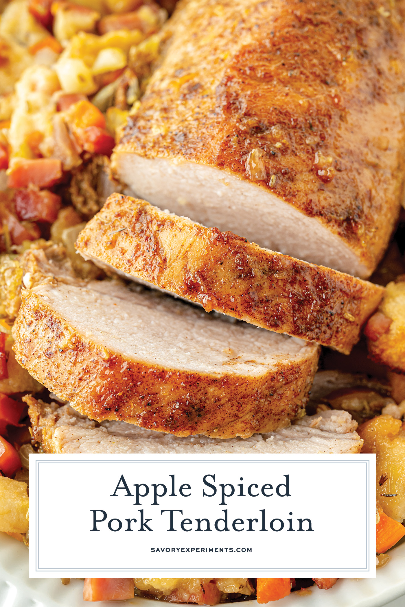 angled shot of sliced pork tenderloin with text overlay