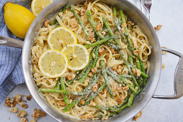 skillet with pasta cream sauce