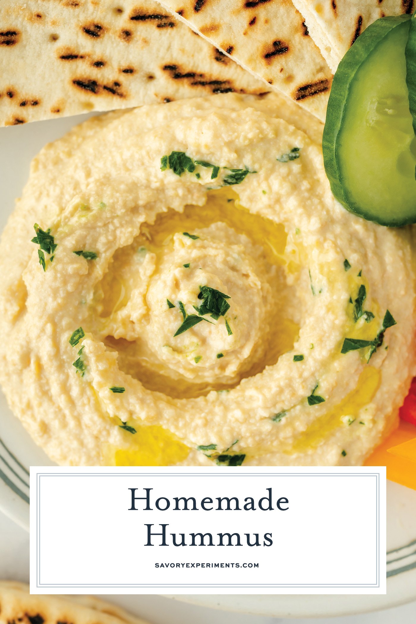 overhead shot of homemade hummus with text overlay