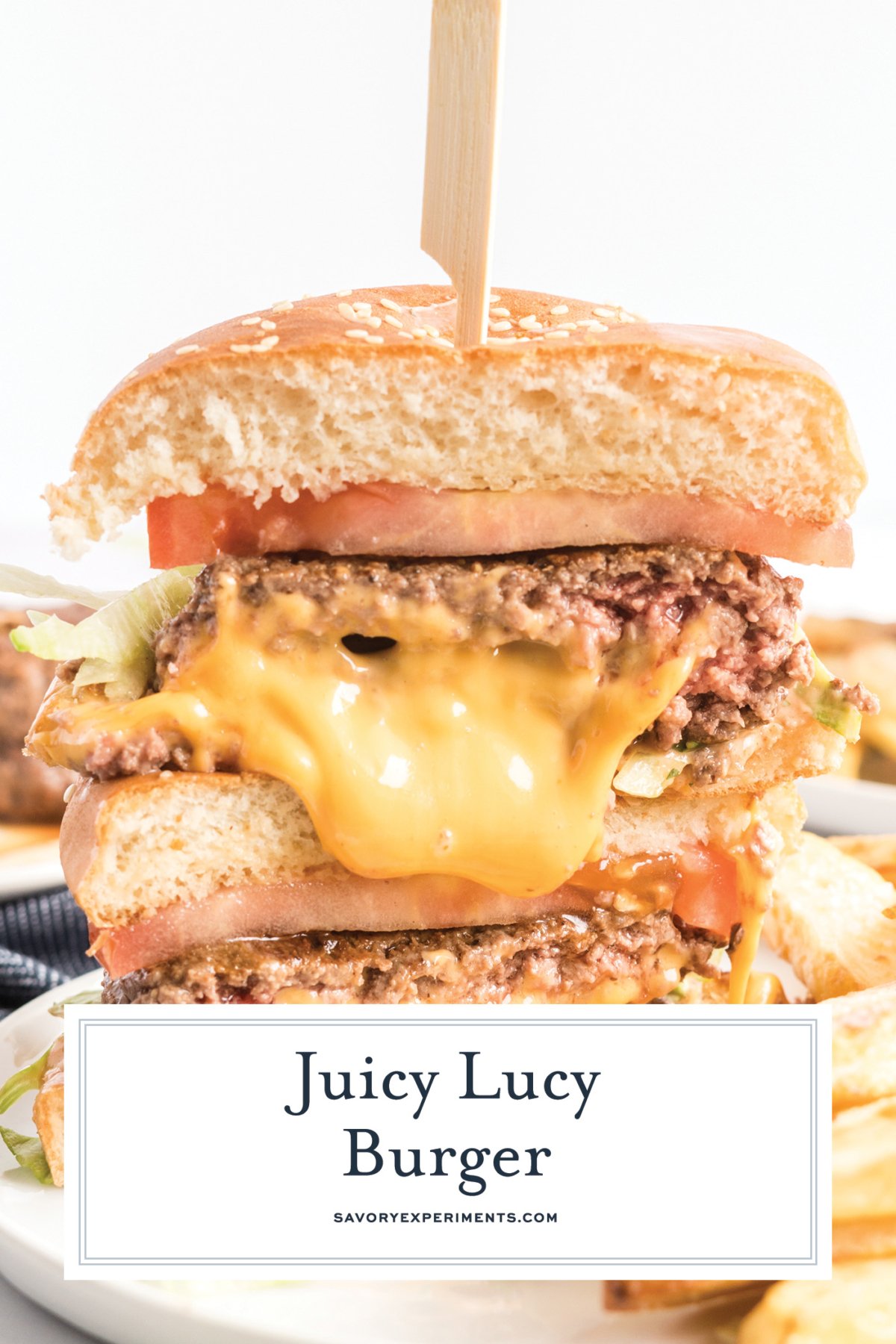 close up of juicy lucy burger with text overlay for pinterest