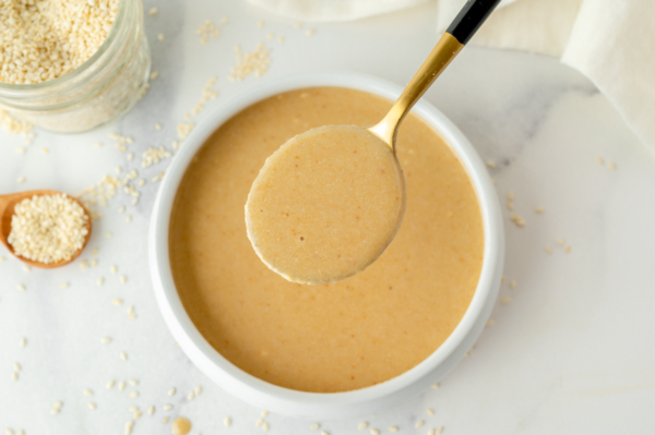 overhead shot of spoon of tahini