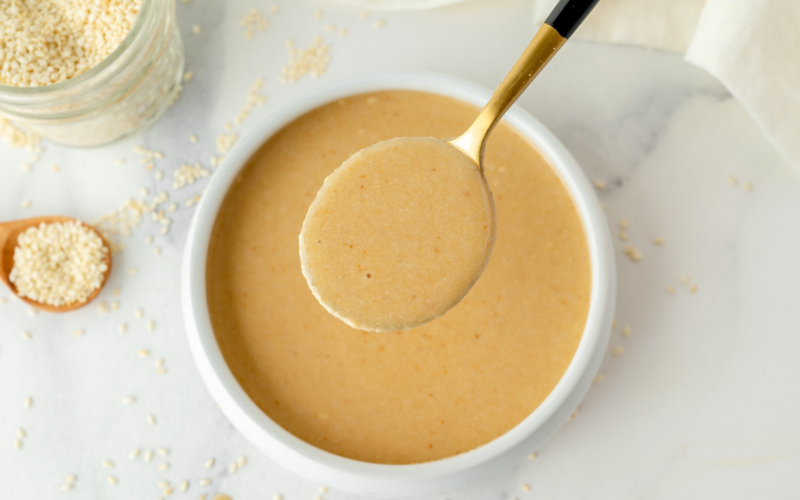 overhead shot of spoon of tahini