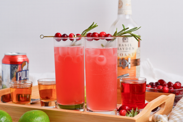 straight on shot of two cranberry whiskey sours