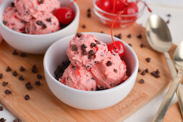 angled shot of bowl of cherry cookie dough