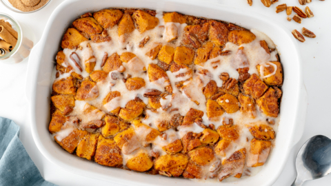 overhead shot of cinnamon roll casserole in baking dish