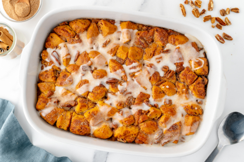 overhead shot of cinnamon roll casserole in baking dish
