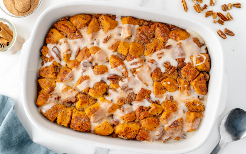 overhead shot of cinnamon roll casserole in baking dish